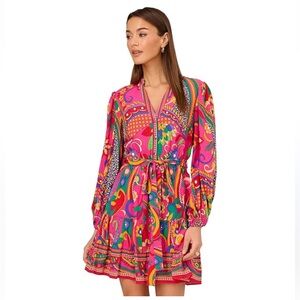 Adrianna Papell Vibrant Pink Paisley-Print Tie-Waist Long Sleeve Summer Dress
